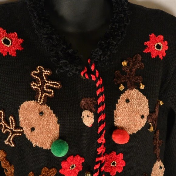 Jack B Quick Petite Christmas Black Cardigan Sweater PS Reindeer Jingle Bells - Picture 11 of 12